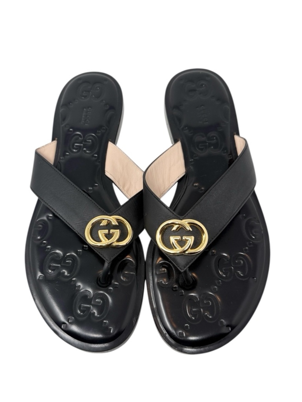 Gucci Interlocking GG Embossed Thong Sandal Flip Glop Flat Black Slides Size 41